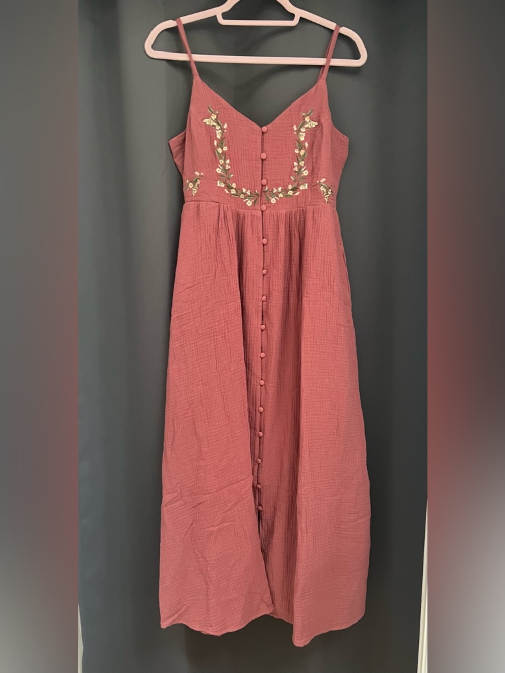 Disturbia Dusty Rose Button-Front Embroidered Maxi Dress